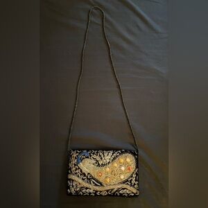 Vintage black velvet RARE iconic 70’s peacock bag with stones on flap. GUC.